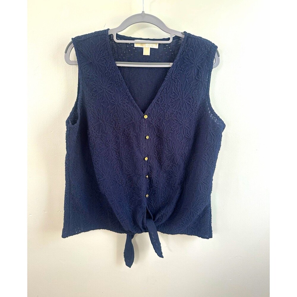 Michael Kors Women's Navy Floral Lace V-Neck Blouse, Knit vest L
